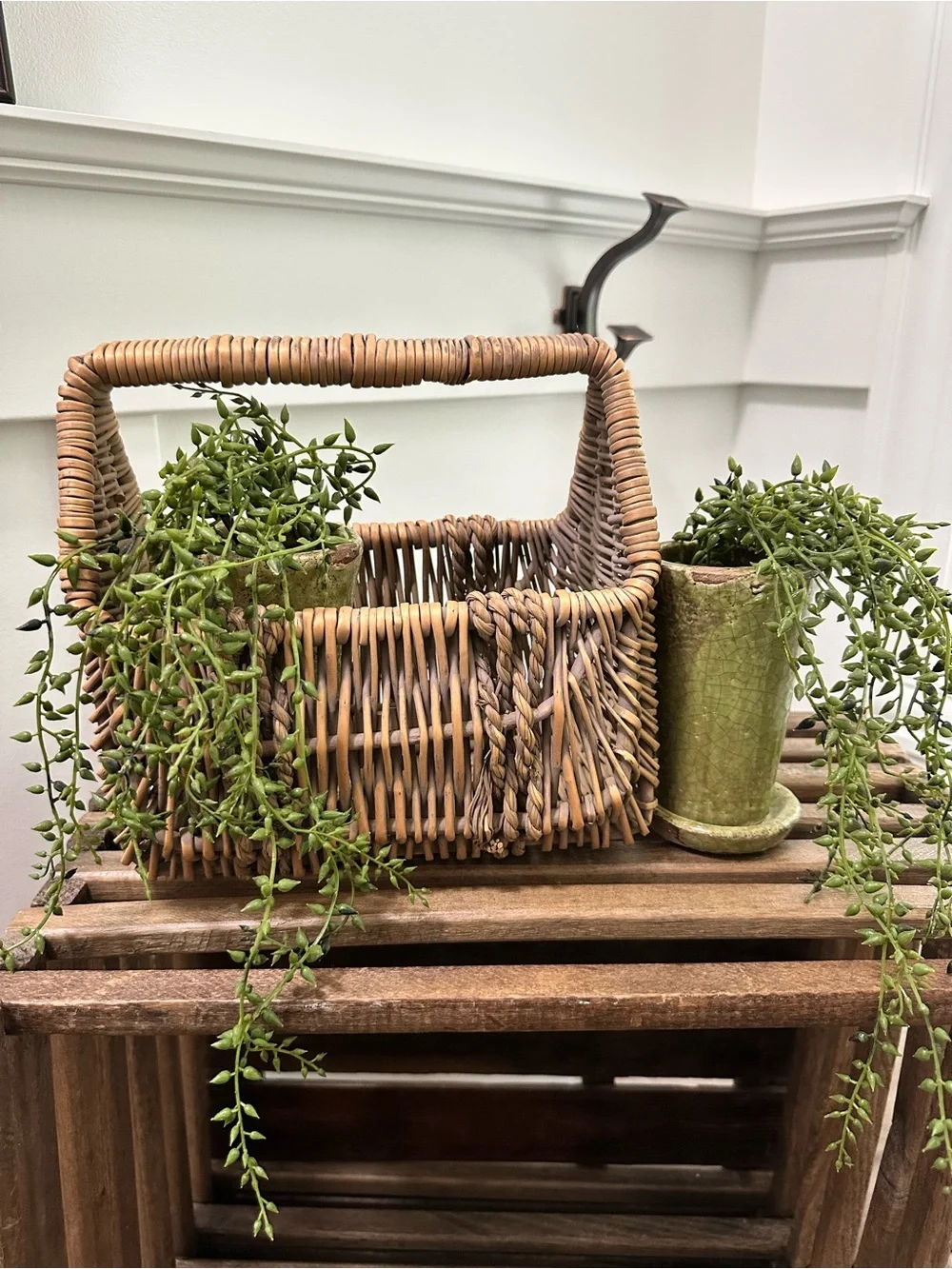 Woven Rattan Basket with Handle in Natural Brown & 2 Tall Ceramic Plant Pots Lot